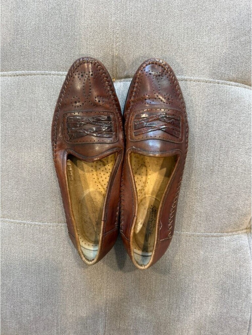 Santoni Brown Leather Woven Loafers Mens 9 D Made in Italy